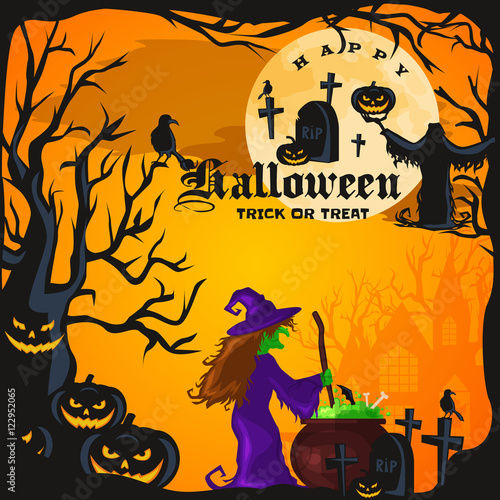 Halloween night background with pumpkin full moon and trick or treat