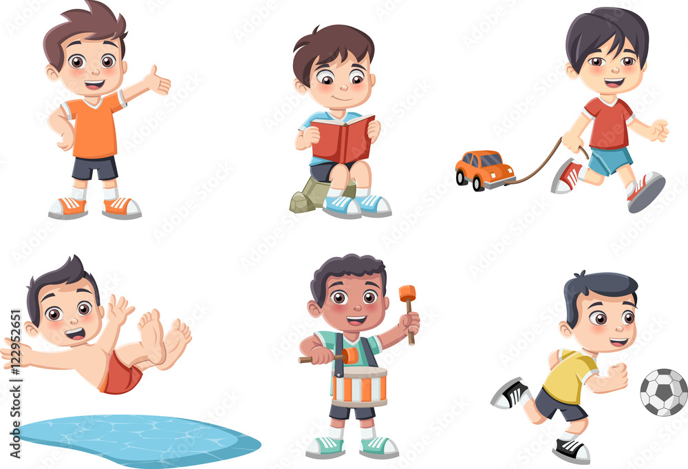 Cute happy cartoon boys playing. Sports and toys.
Cute happy cartoon boys playing. Sports and toys.