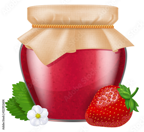 Jar of homemade strawberry jam with fabric cover. Vector illustration.