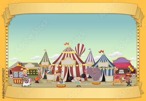 Poster with cartoon characters and animals in front of retro circus. Vintage carnival banner with ribbons.