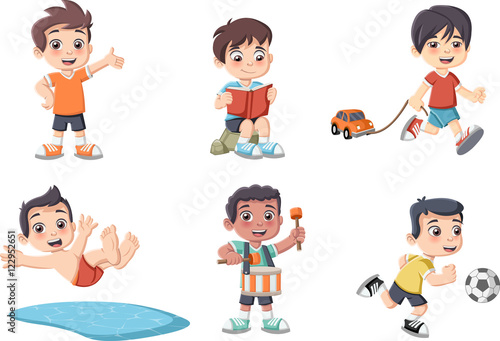 Cute happy cartoon boys playing. Sports and toys.
