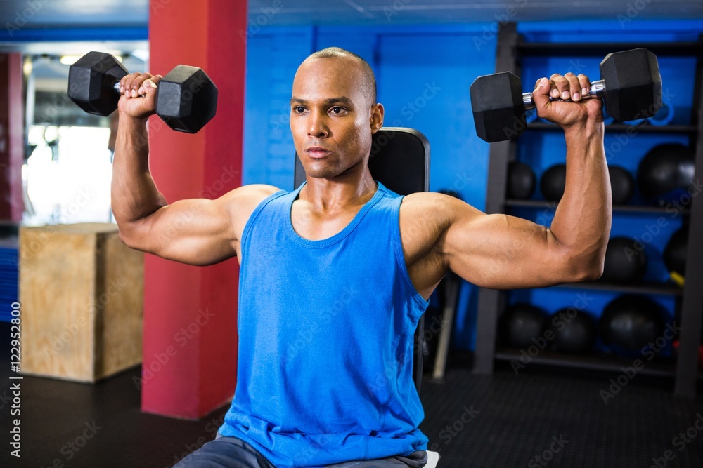 Determined athlete exercising with dumbbells Determined athlete exercising with dumbbells