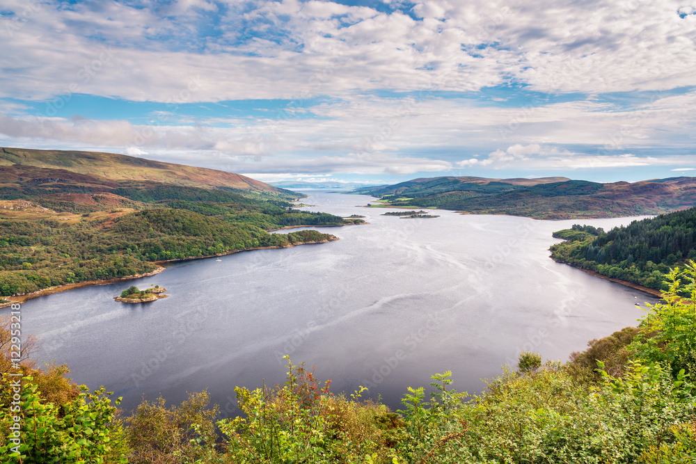 Fototapeta premium Loch Riddon and Isle of Bute, in the Kyles of Bute, also known as Argyll's Secret Coast, in the Firth of Clyde seen here looking down the eastern Kyle
