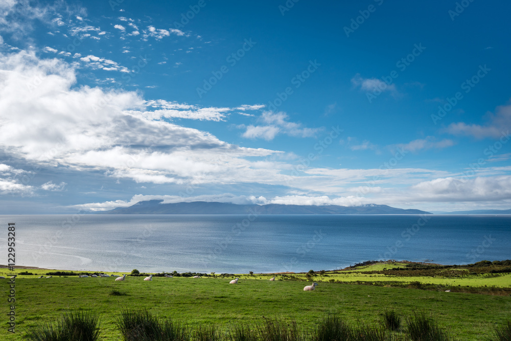 Isle of Arran under cloud, viewed from the southern end of the Cowal Peninsula, over the Sound of Bute
