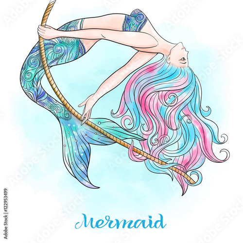 Hand drawn mermaid with gold fish in underwater world. 