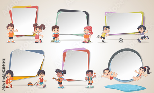 Design text box frame backgrounds with cartoon children. Infographic template design.  