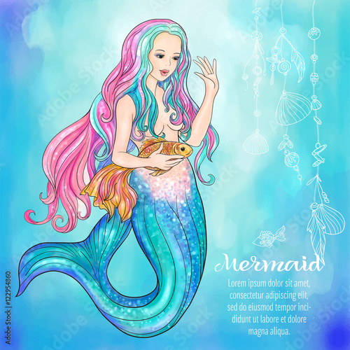 Hand drawn mermaid with gold fish in underwater world. 