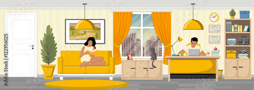 Young couple reading books in the living room. Office workplace in the city.
