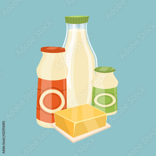 Assortment of dairy products isolated on blue background, vector illustration. Nutritious and healthy milk products. Natural and healthy food. Organic farmers products. Dairy icon.