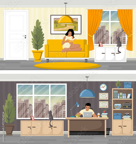 Young couple reading books in the living room. Office workplace in the city.
