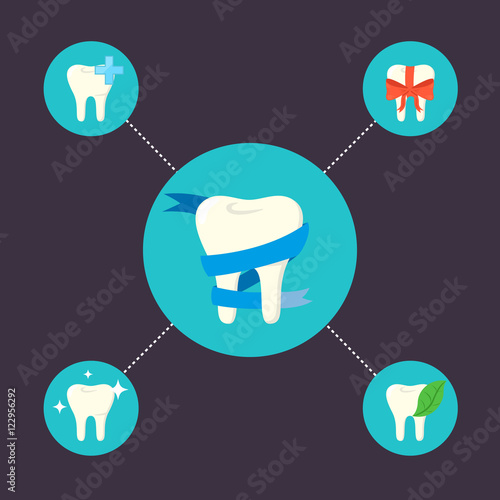 Oral health care and dental hygiene icons with teeth symbol. Dentistry vector illustration. Tooth care and restoration, stomatology and orthodontics. Conceptual icons of dental clinic services.