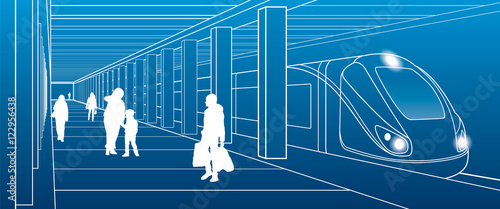 Subway station, people with things got off the train, city scene, transport illustration, white lines on blue background, vector design art
