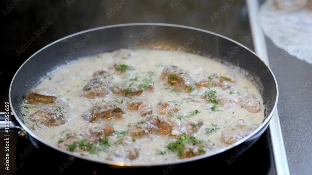 Fried liver in a frying pan Fried liver in a frying pan