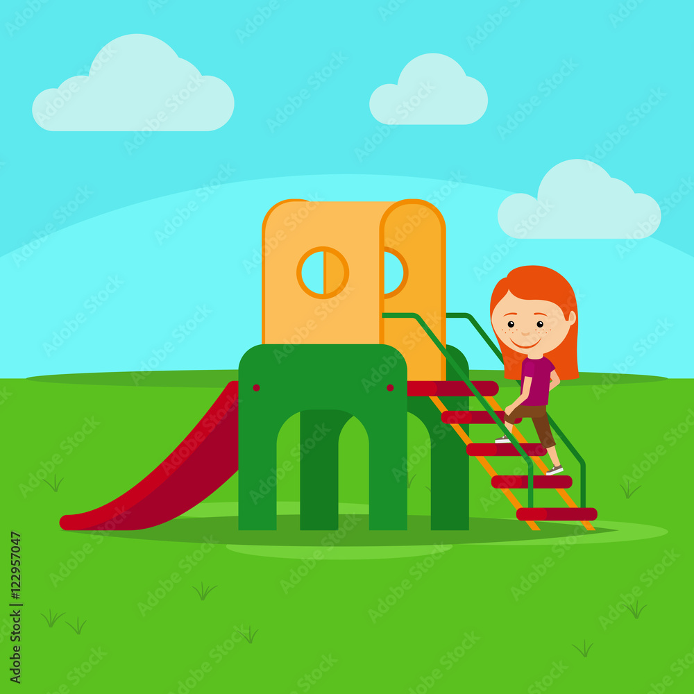 Girl on playground flat cartoon vector illustration Girl on playground flat cartoon vector illustration