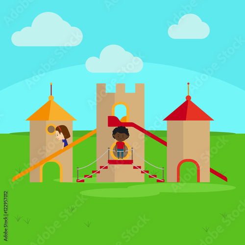 Children on playground in the castel cartoon vector illustration