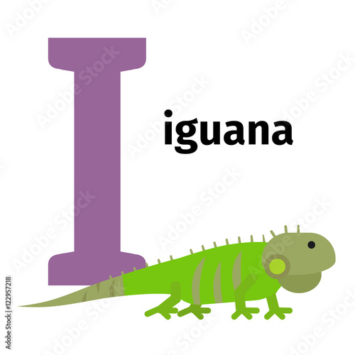 English animals zoo alphabet with letter I. Iguana vector illustration