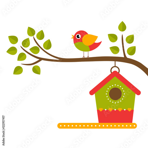 cartoon bird and birdhouse on a branch on a white background