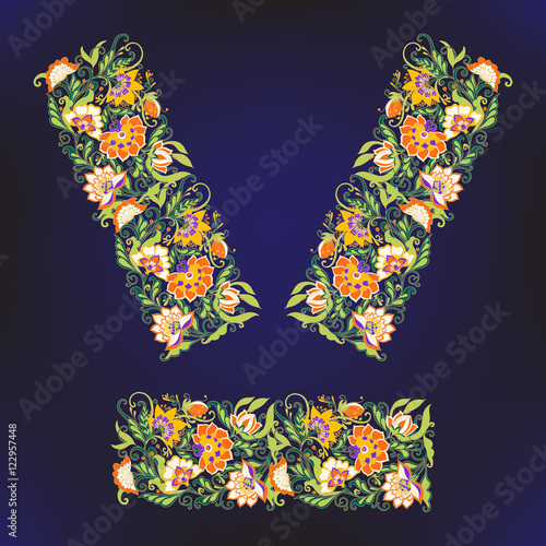 Neck line embroidery designs with middle ages floral pattern.