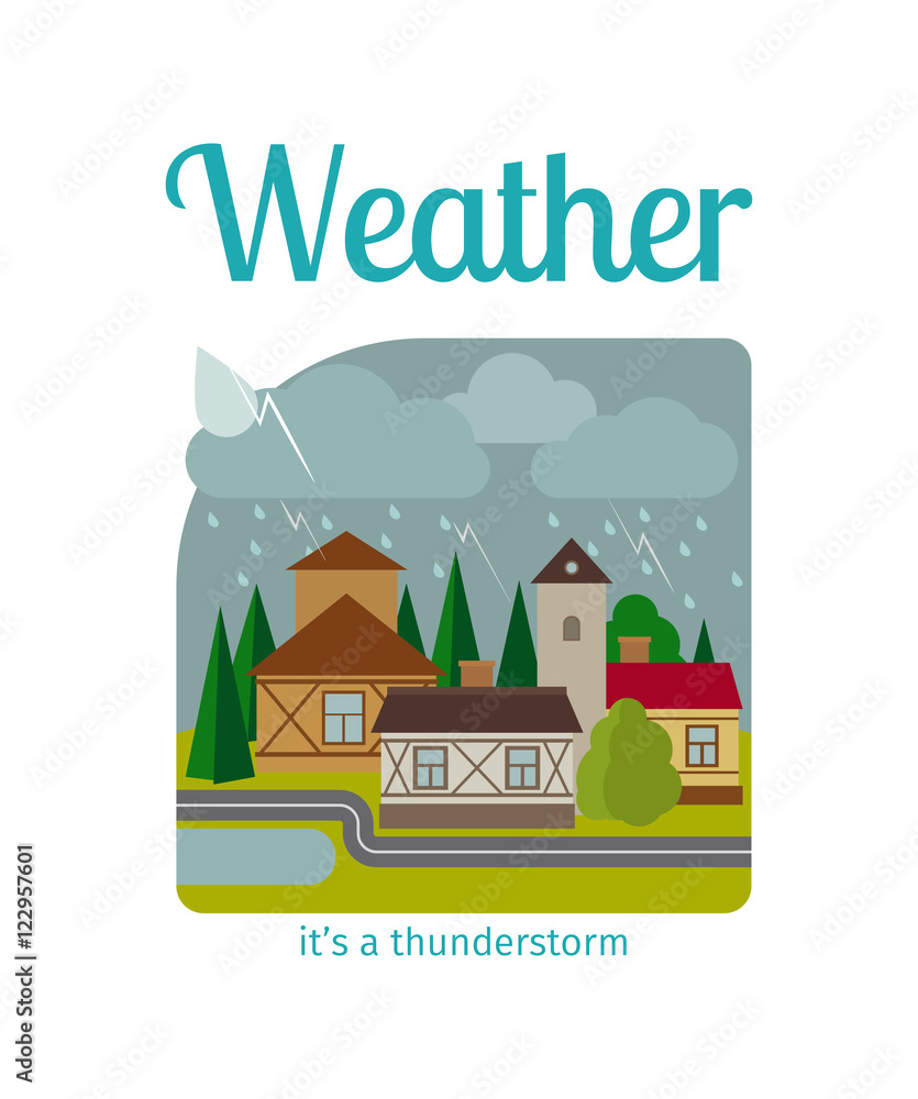 Different weather in the town vector illustration. Its a thunderstorm