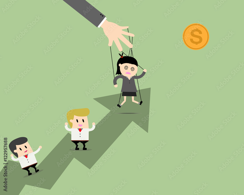Businesswomen leader puppet on ropes to target and teamwork go t Businesswomen leader puppet on ropes to target and teamwork go t