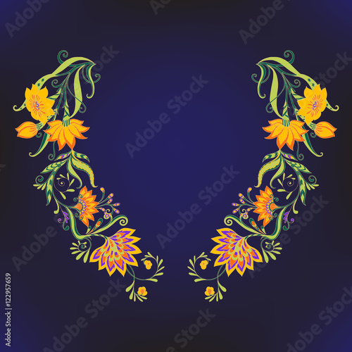 Neck line embroidery designs with middle ages floral pattern.