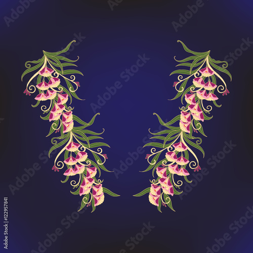 Neck line embroidery designs with middle ages floral pattern.