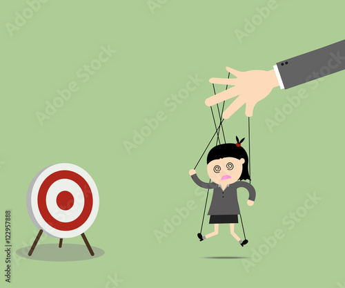 Businesswomen puppet on ropes to target. Business manipulate beh