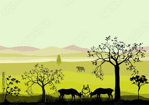 Wildlife forest scene with deers silhouettes  trees and black silhouettes  vector illustration