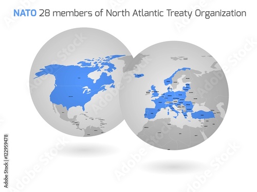 NATO member countries marked by blue in two globe maps.