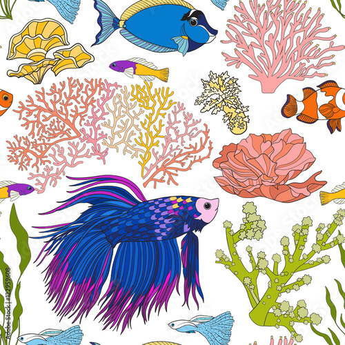 Seamless pattern with decorative corals and sea or aquarium fish