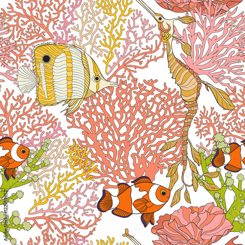 Seamless pattern with decorative corals and sea or aquarium fish