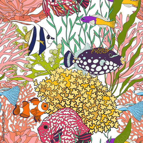 Seamless pattern with decorative corals and sea or aquarium fish