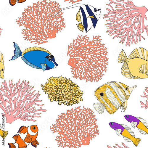 Seamless pattern with decorative corals and sea or aquarium fish