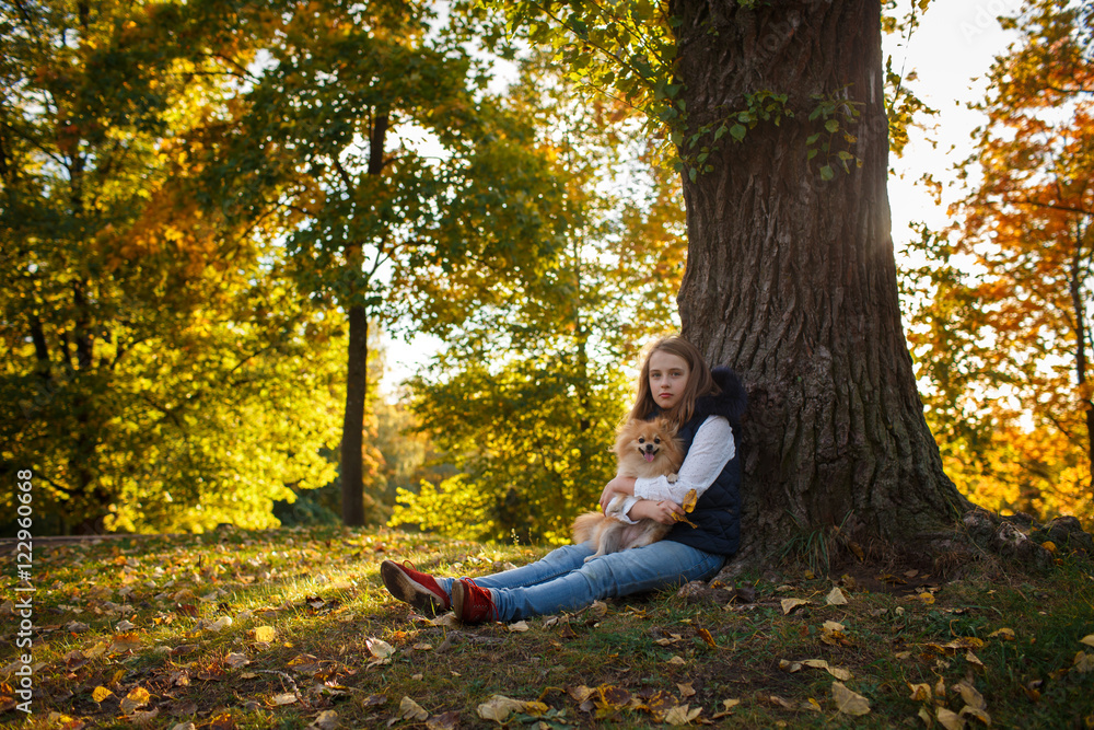 Cute Teenager girlsitting near a tree with her spitz Dog in Autumn park. Sunny day, selective focus Cute Teenager girlsitting near a tree with her spitz Dog in Autumn park. Sunny day, selective focus