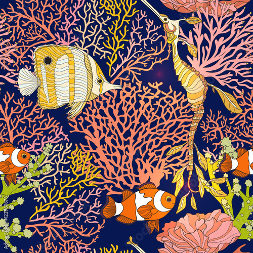 Seamless pattern with decorative corals and sea or aquarium fish