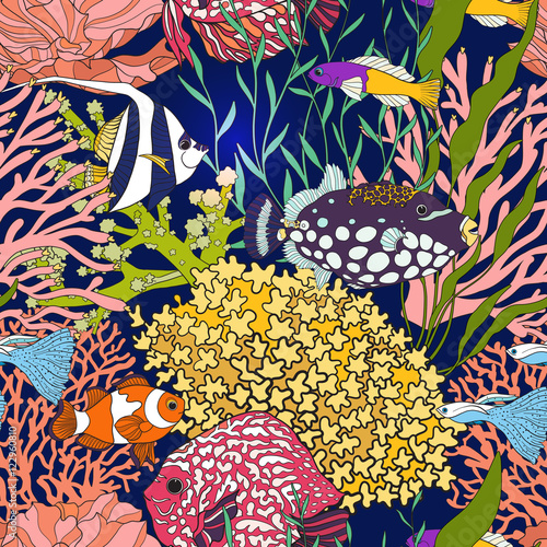 Seamless pattern with decorative corals and sea or aquarium fish