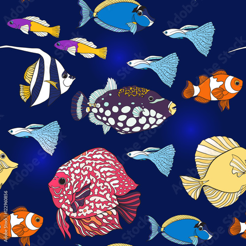 Seamless pattern with decorative corals and sea or aquarium fish