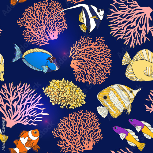 Seamless pattern with decorative corals and sea or aquarium fish