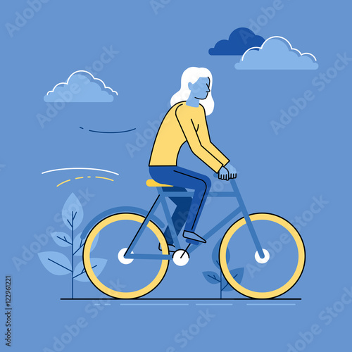 Vector female character - woman riding bicycle
