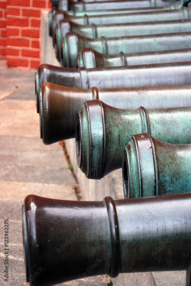 Old cannons shown in Moscow Kremlin. Color photo.