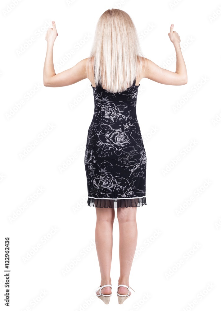 Back view of woman thumbs up. Rear view people collection. backside view of person. Isolated over white background. Back view of woman thumbs up. Rear view people collection. backside view of person. Isolated over white background.