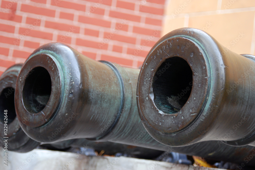 Old cannons shown in Moscow Kremlin. Color photo.