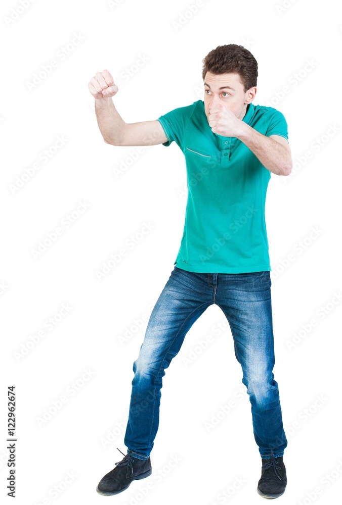 skinny guy funny fights waving his arms and legs. Isolated over white  background. Funny guy clumsily boxing. A young boy learns to box. Stock 写真  | Adobe Stock