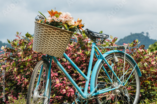 Basket with flowers on bicycle retro old