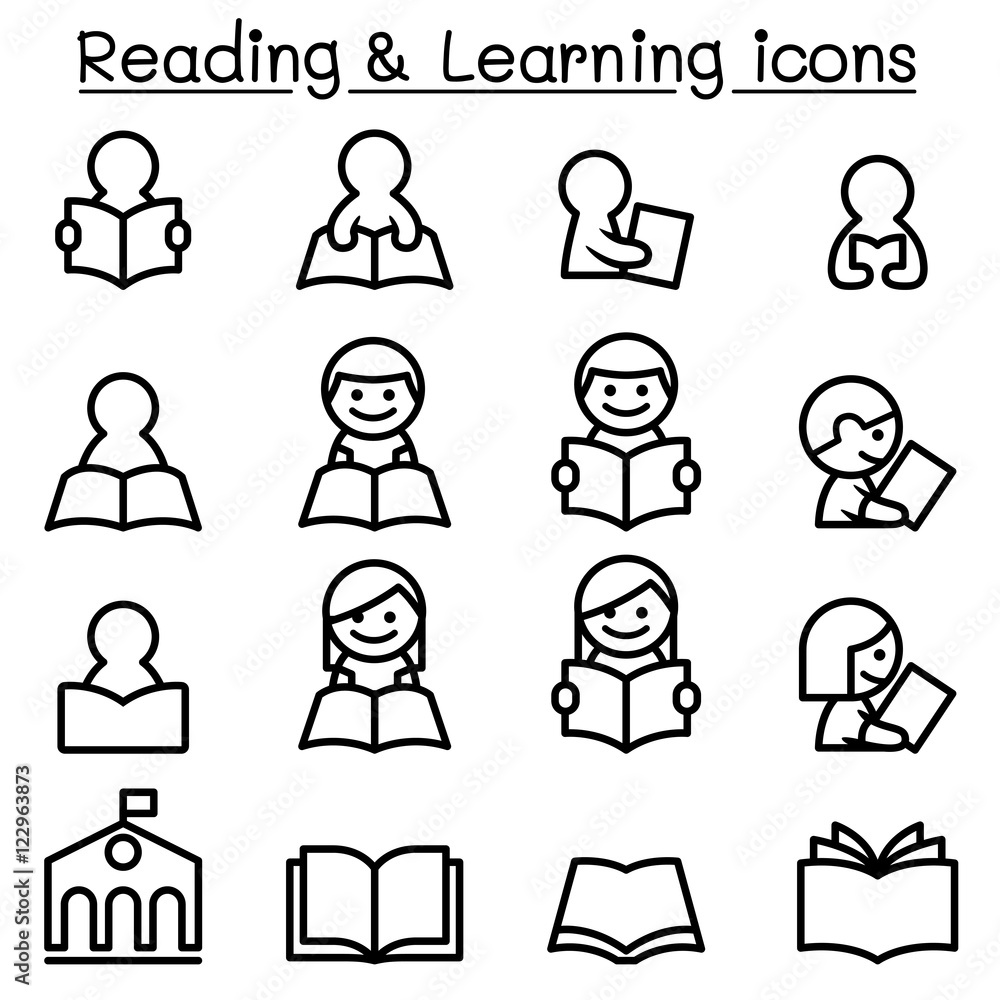 Reading , Learning , Studying icon set in thin line style Reading , Learning , Studying icon set in thin line style