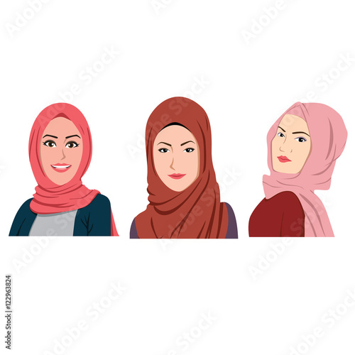 Muslim Girls Avatars Set. Asian Traditional Hijab Collection
