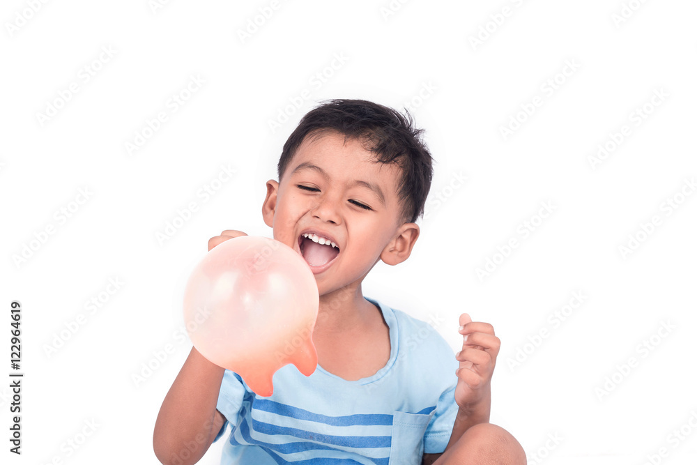 Close up of cute little boy happy and smile white play balloon Close up of cute little boy happy and smile white play balloon