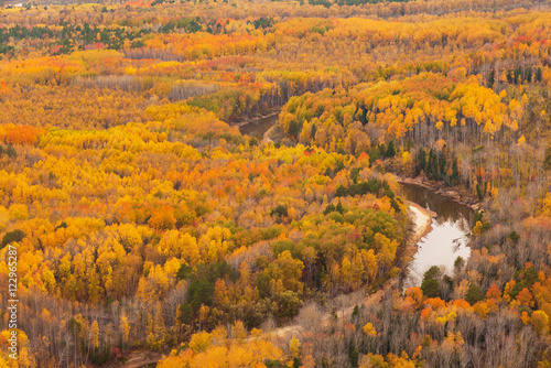 Top view perspective of autumn forest and river