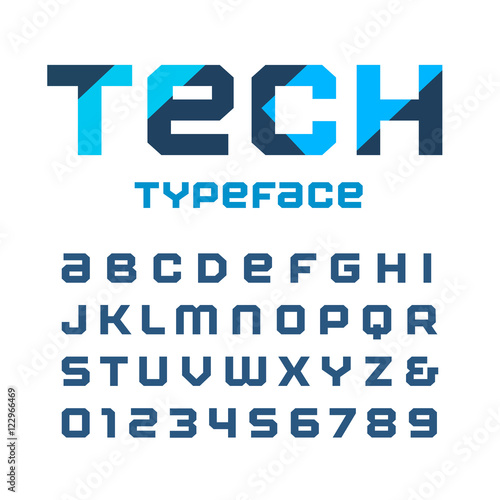 Tech square font. Vector alphabet with latin letters and numbers