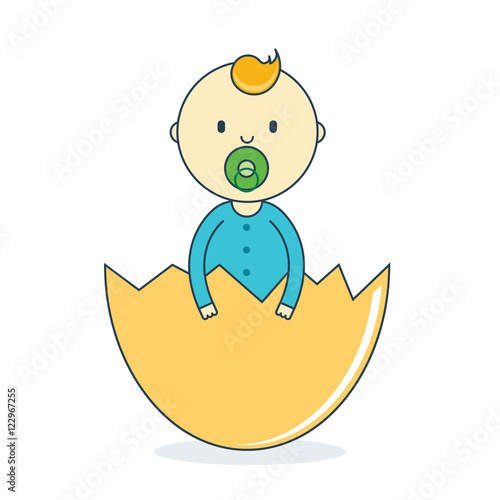 Baby boy in eggshell with pacifier. Newborn human male in hatch